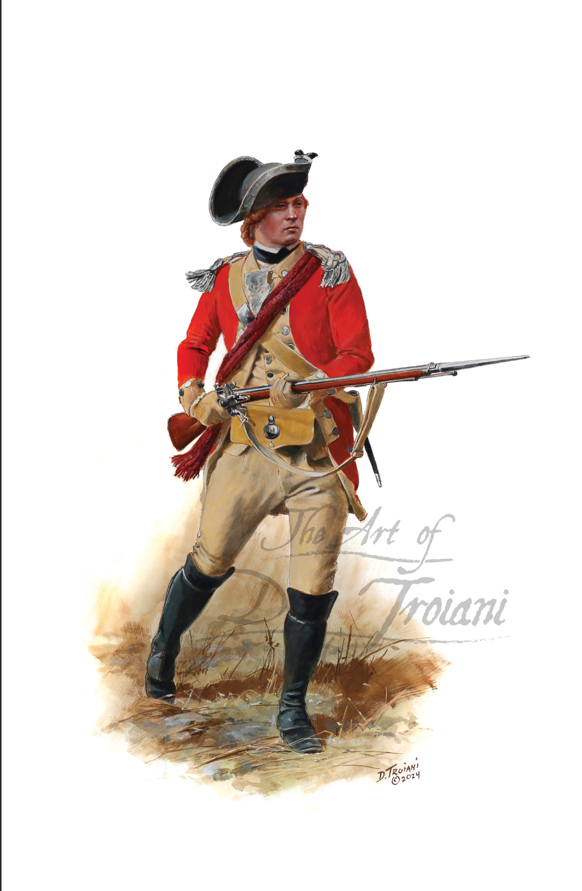 Illustration of a soldier in historical military uniform with a rifle.