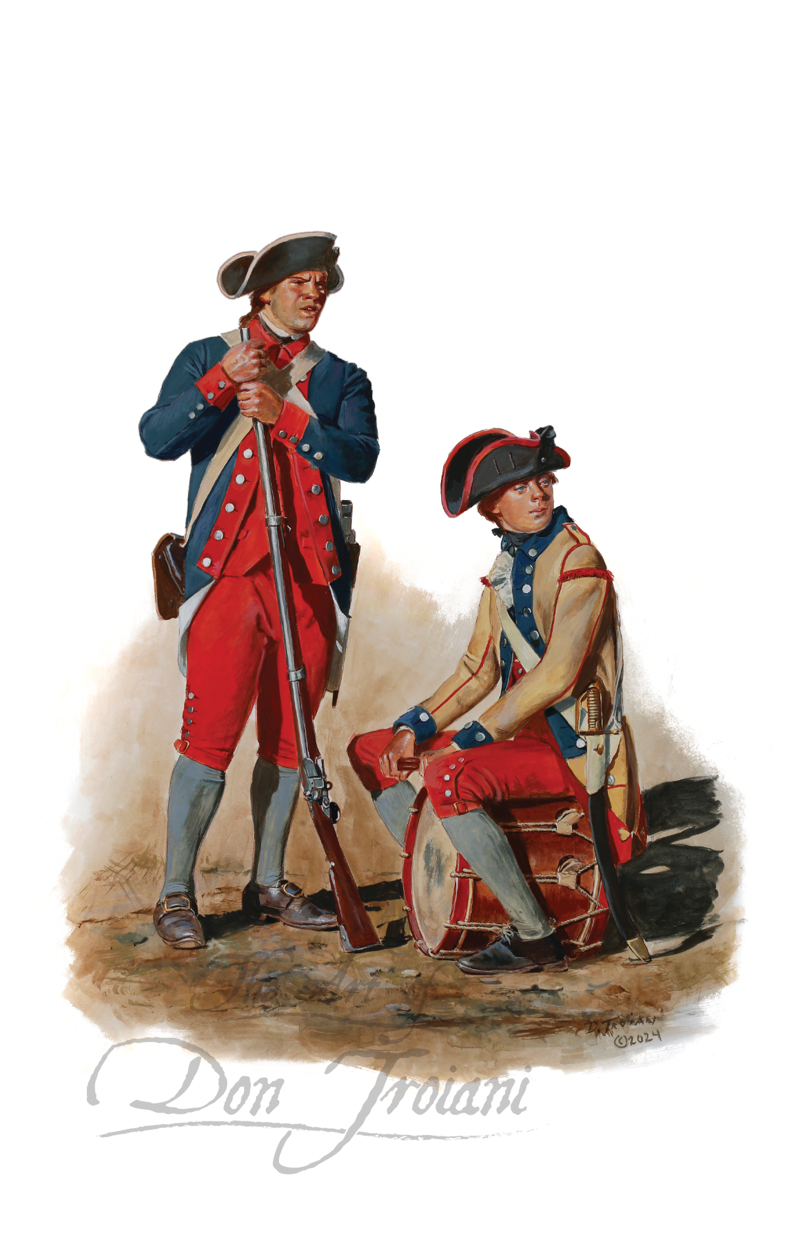 Virginia State Garrison. Two soldiers in colonial uniforms with a drum and musket on a beige background.