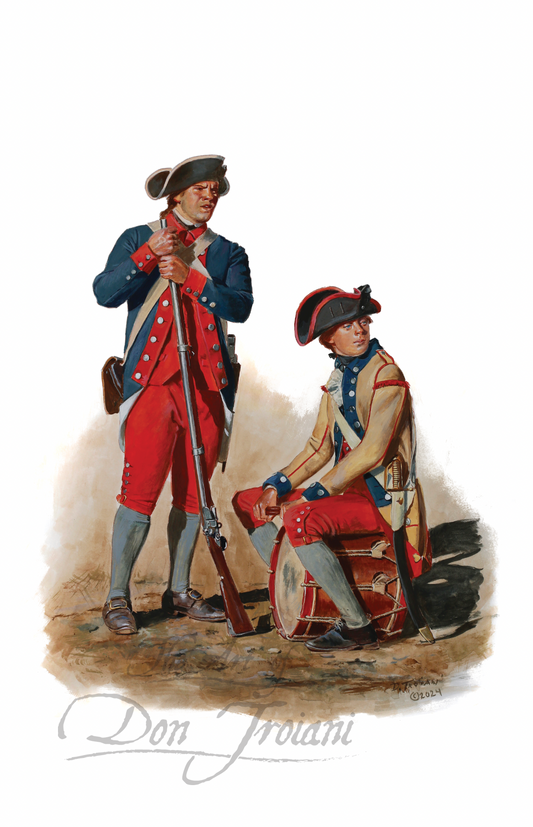 Virginia State Garrison. Two soldiers in colonial uniforms with a drum and musket on a beige background.