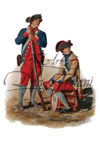 Two Revolutionary War-era soldiers in colonial uniforms, one standing with a rifle and wearing a tricorn hat, the other sitting with a drum beside him. Both are dressed in red and blue.