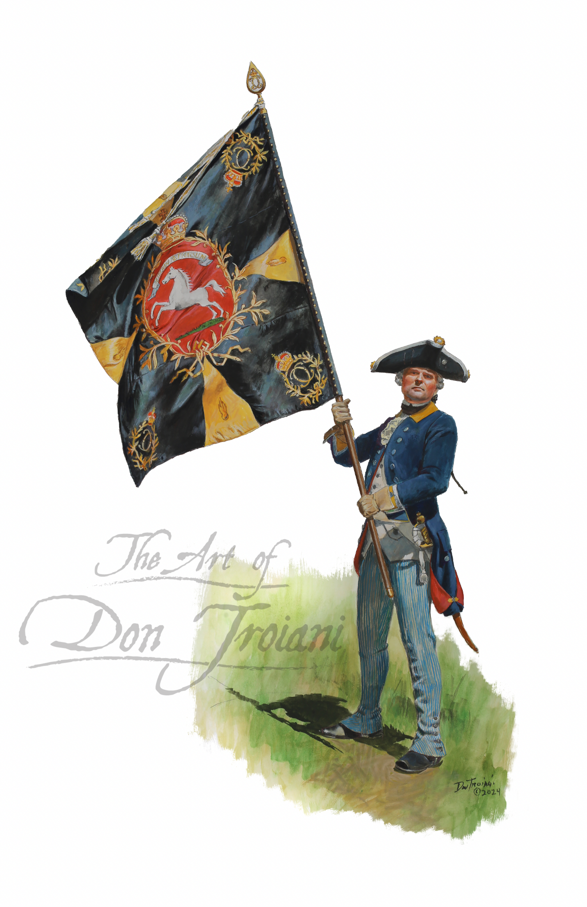 Illustration of a soldier holding a flag with a coat of arms, signed 'The Art of Don Troian'.