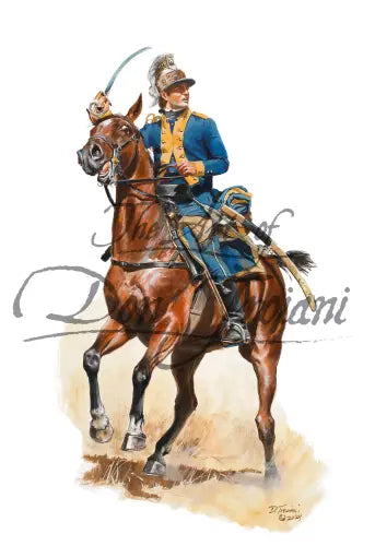 Don Troiani wall art print Illustration of a historical cavalry officer in blue and yellow uniform, riding a rearing brown horse. 