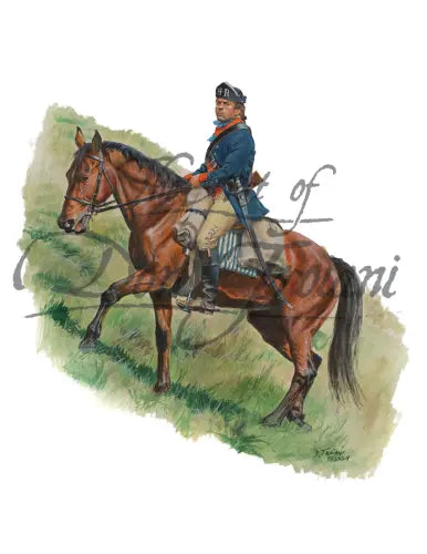 Don Troiani wall art print A man in historical military attire rides a brown horse across an open field.