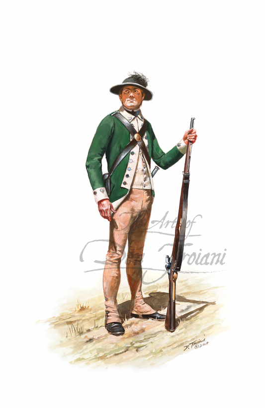 Butler’s Rangers. Illustration of a man in colonial attire holding a rifle on a white background