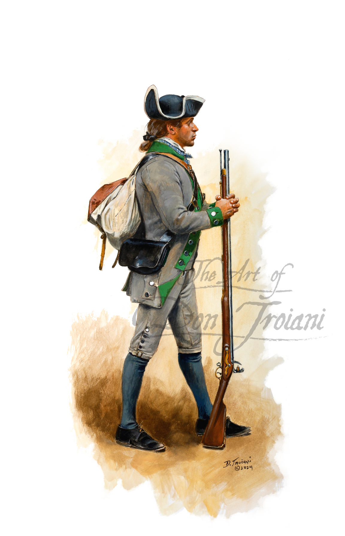 6th Maryland Regiment. Illustration of a colonial soldier holding a rifle on a white background