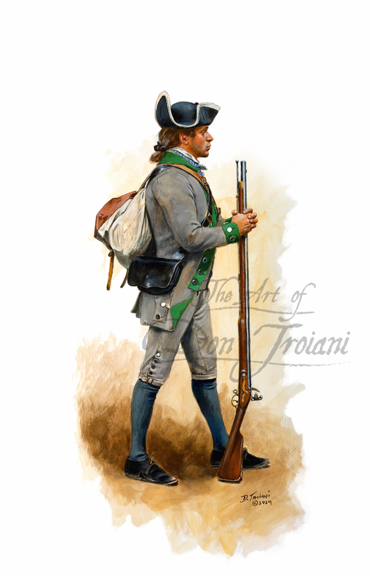 6th Maryland Regiment. Illustration of a colonial soldier holding a rifle on a white background