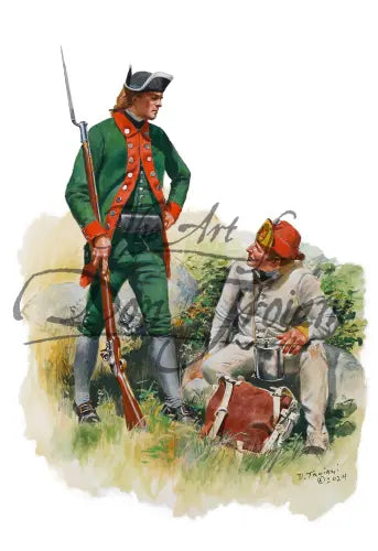 Don Troiani wall art Print. Two men in historical military uniforms, one standing with a rifle and one seated with travel gear, having a conversation outdoors.