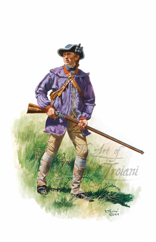 Rifleman. Illustration of a soldier in historical uniform holding a rifle on a grassy background.
