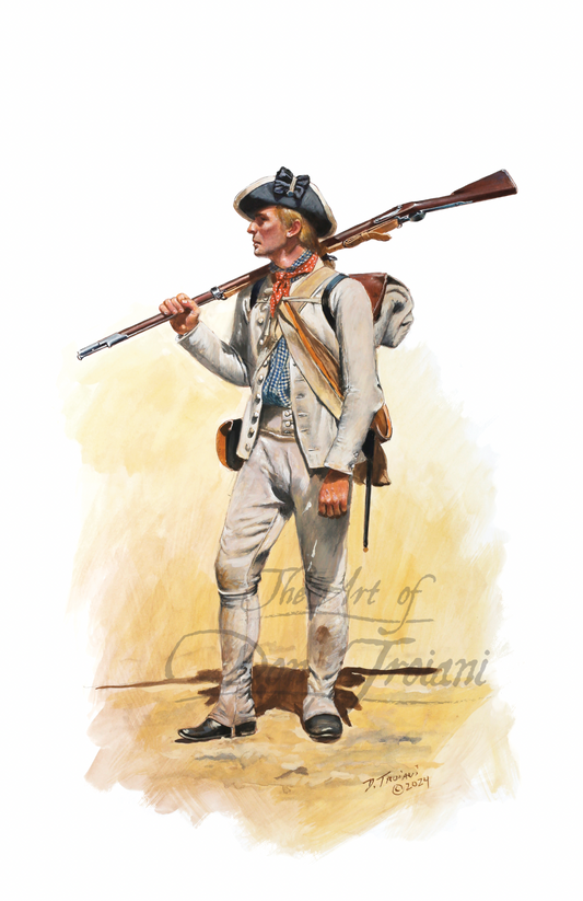 Private in Marching Order, Illustration of a colonial soldier holding a rifle on a beige background