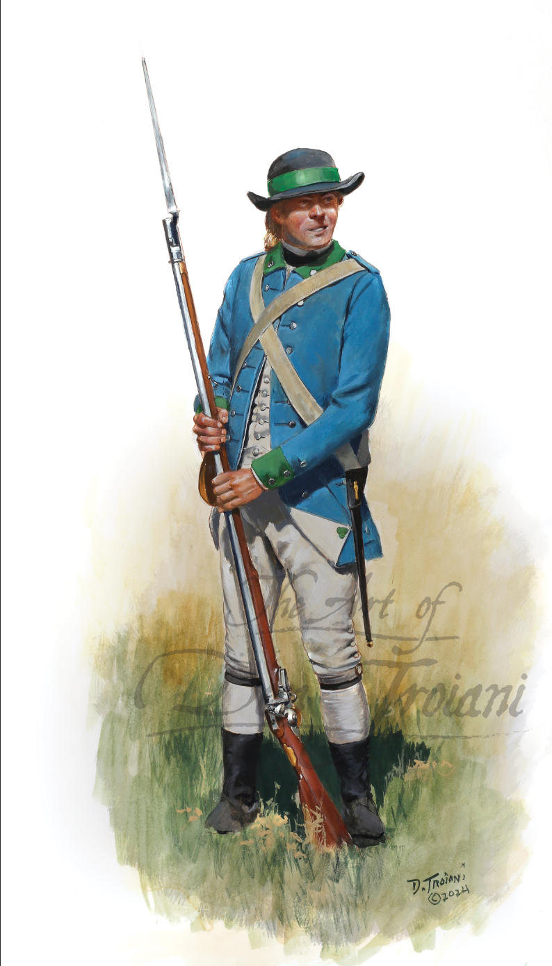 Private. Painting of a soldier in colonial uniform holding a rifle on a white background
