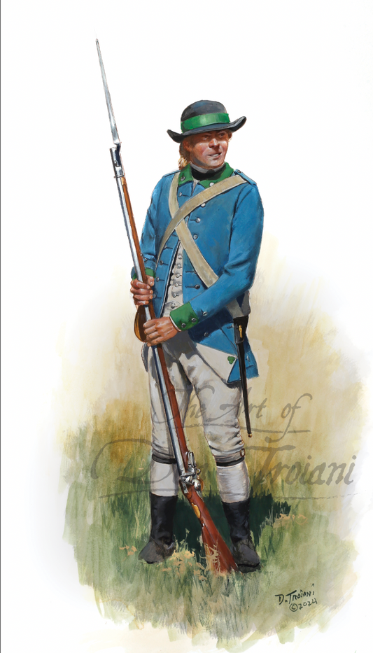 Private. Painting of a soldier in colonial uniform holding a rifle on a white background