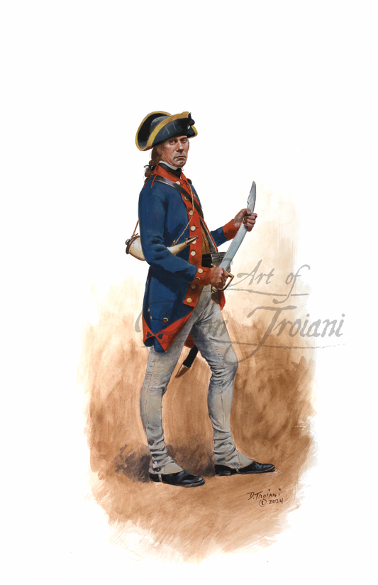 Gunner. Illustration of a soldier in historical military uniform holding a rifle on a white background.