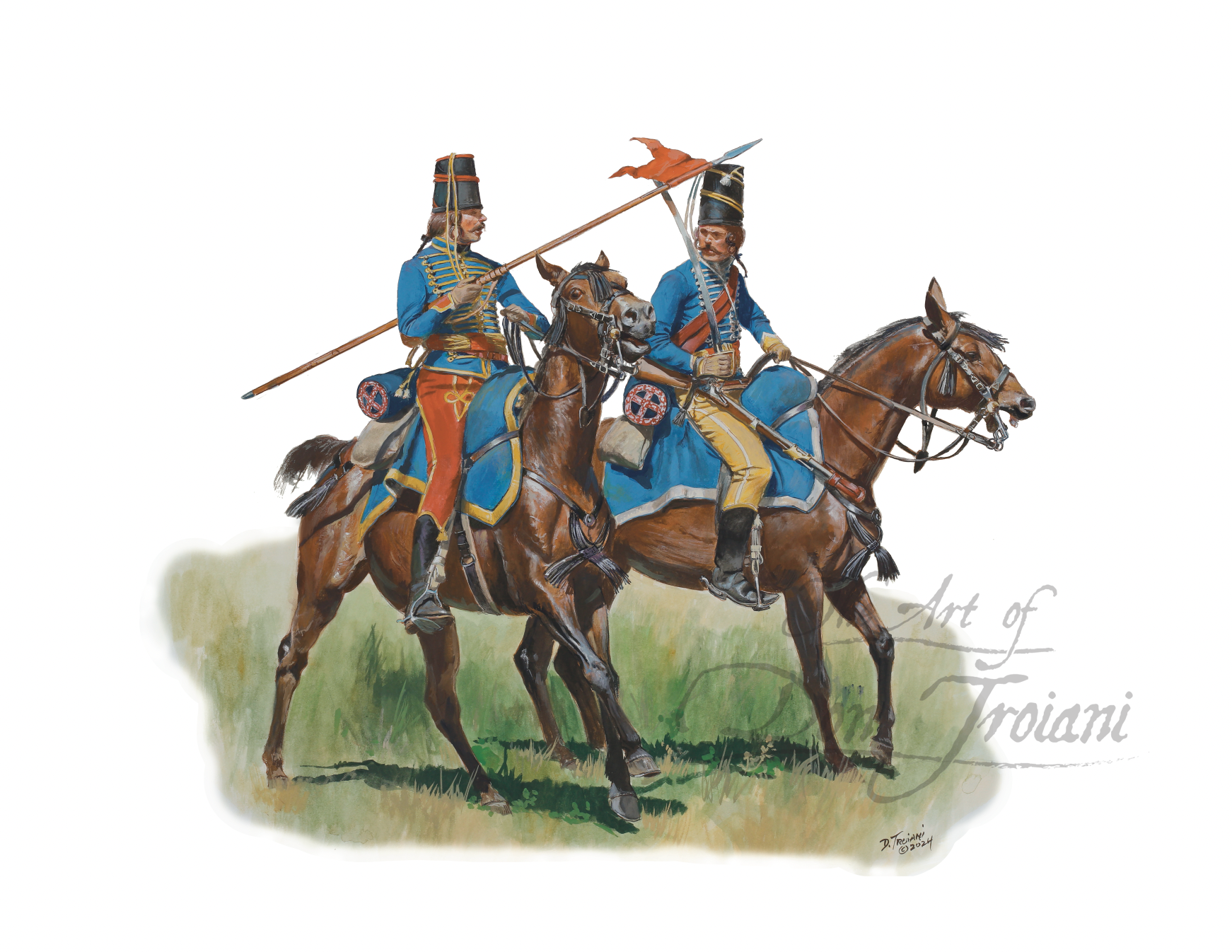 Lauzun Legion Lancer & Hussar, 1781 Two horseback riders in blue uniforms with flags, on a grassy field background.