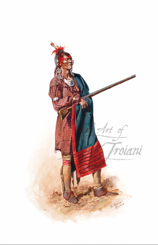 Illustration of a Native American warrior holding a rifle.
