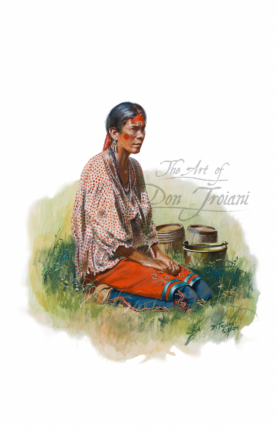 Eastern Woodland Woman artistic depiction of a Native American figure sitting outdoors with a white background