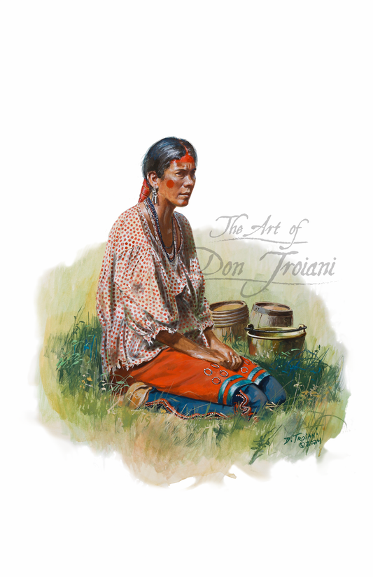 Eastern Woodland Woman artistic depiction of a Native American figure sitting outdoors with a white background