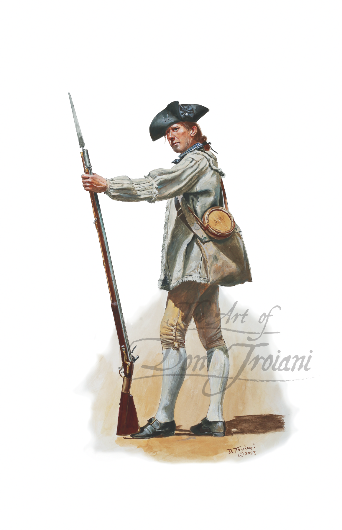 1st New York Regiment. Illustration of a colonial soldier holding a rifle on a white background