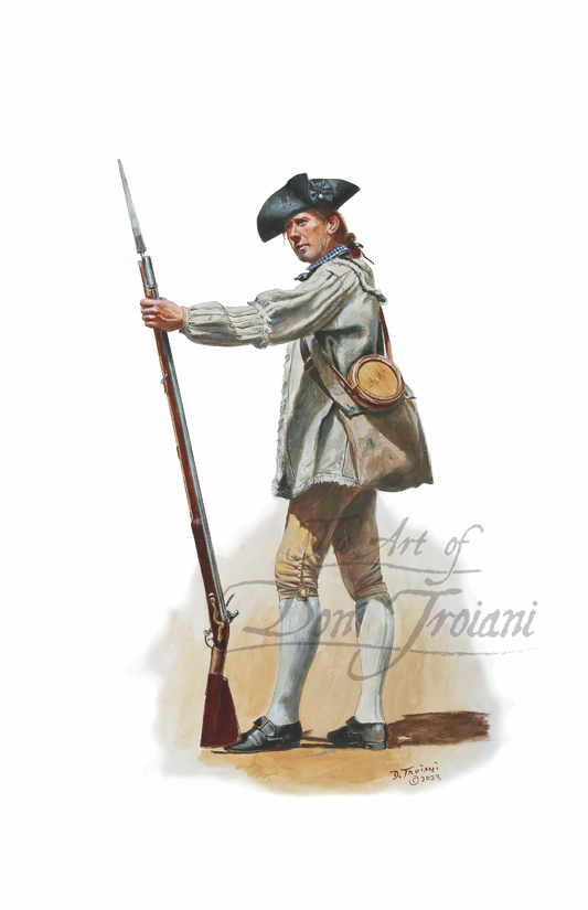 1st New York Regiment. Illustration of a colonial soldier holding a rifle on a white background