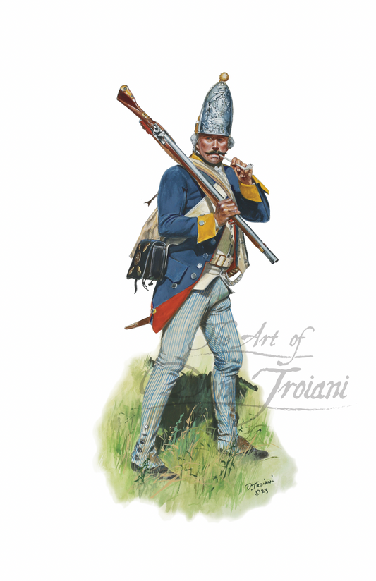 Illustration of a soldier in historical uniform with a rifle, signed 'Art of Don Troiani'.