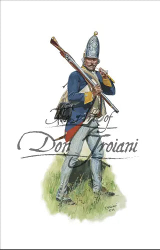 Don Troiani  historical illustration of a colonial soldier in a blue coat, striped pants, and a tall metallic hat. The soldier carries a musket over his shoulder and stands in grass, captured as striking wall art with text overlaying the image.