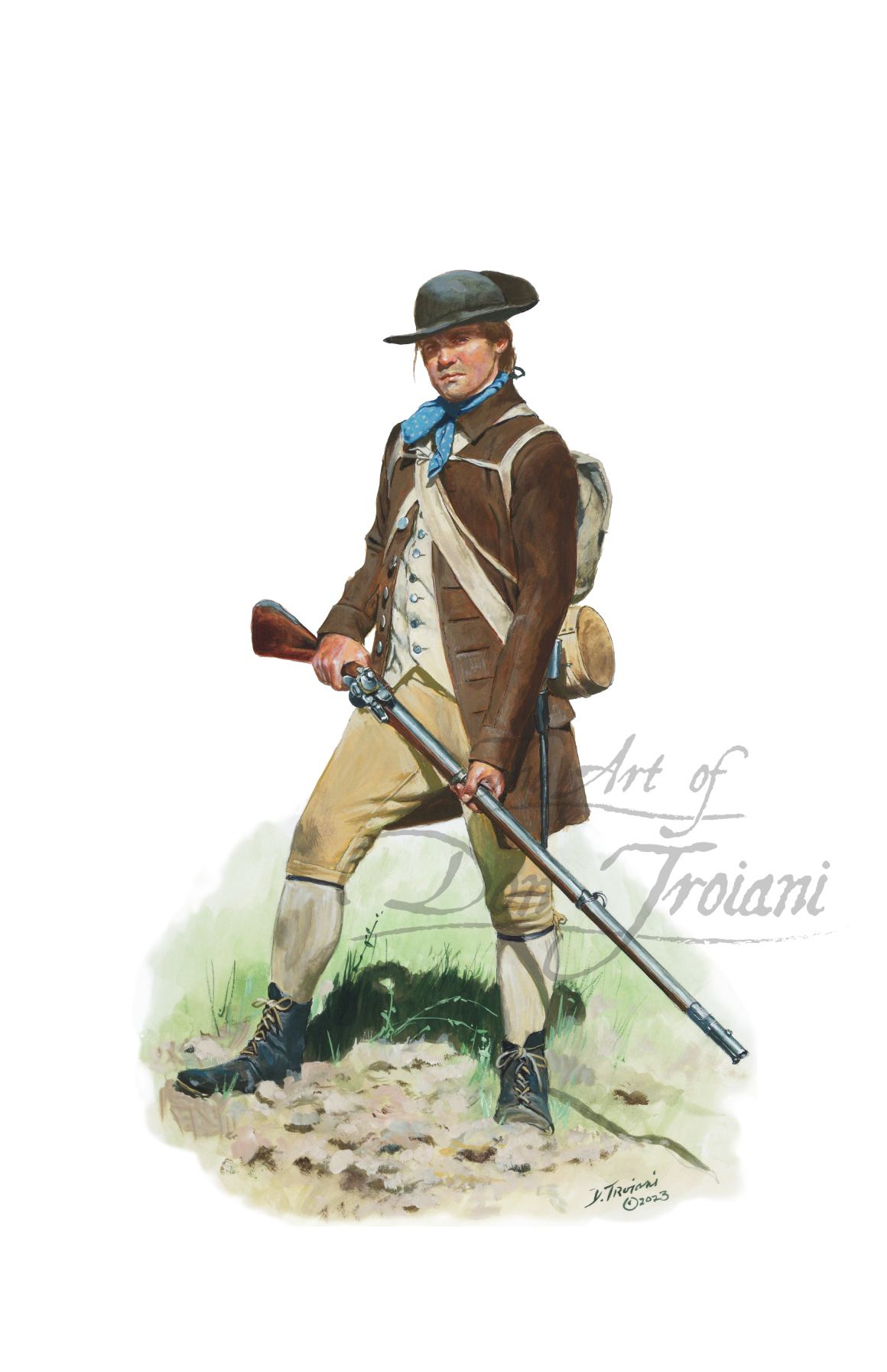 American Militia Man. Illustration of a Revolutionary War soldier holding a rifle on a white background.