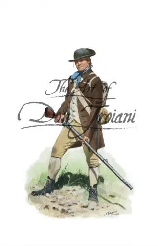 Don Troiani Illustration of a historical figure in colonial attire, wearing a brown coat, tan pants, and a wide-brimmed hat. The person holds a musket, standing on grass. This captivating wall art features a signature and text overlay, making it an ideal print for history enthusiasts.