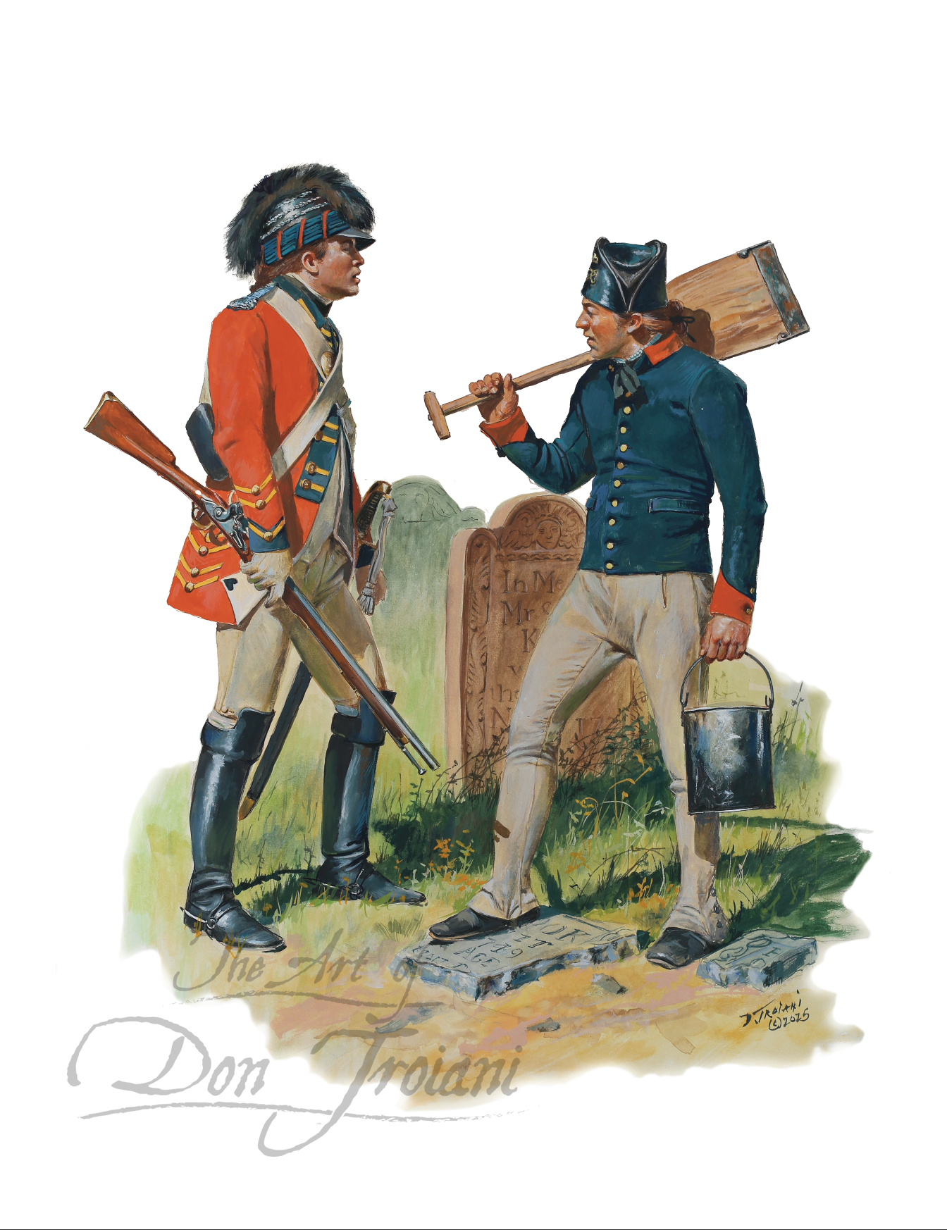 Two soldiers in historical uniforms with rifles and tools, standing in a grassy area.