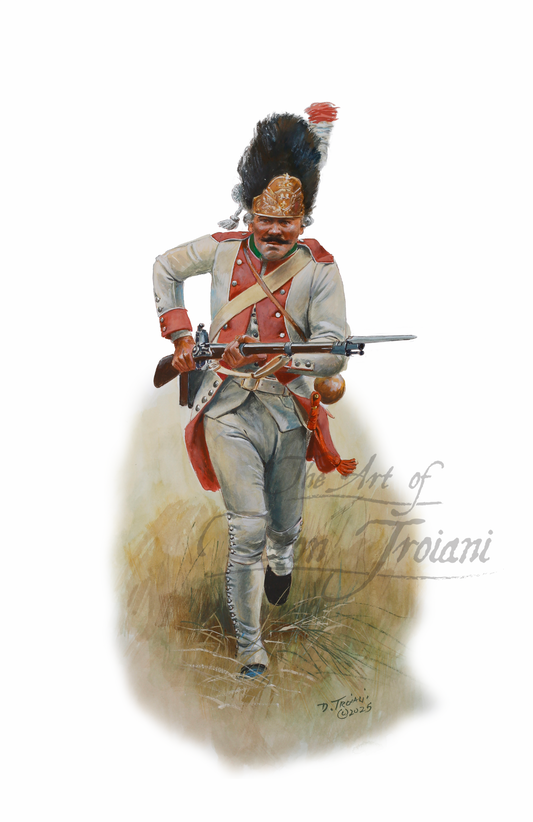 French Grenadier Agenais Regiment Painting of a soldier in historical military attire with a rifle, standing in grass.
