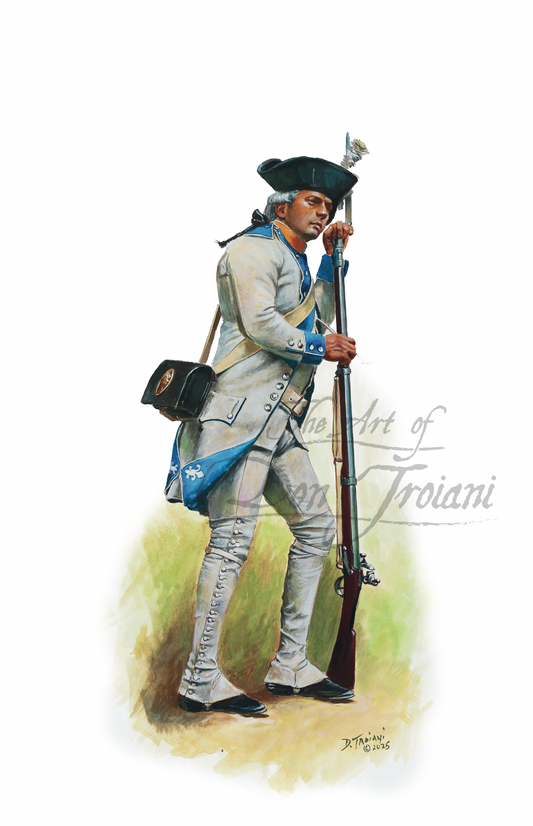 French Fusilier Armagnac Regiment Artistic depiction of a soldier in historical uniform holding a rifle, with 'The Art of Troiani' branding.