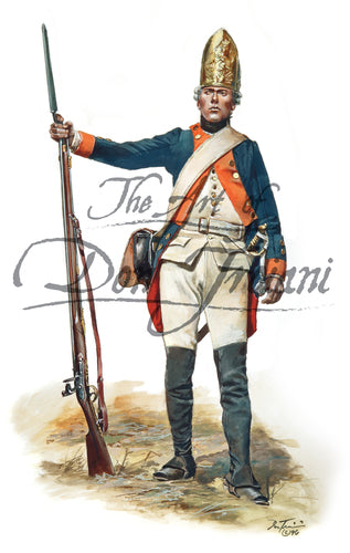 Don Troiani wall art print Hessian Fusilier Regiment Von Lossberg 1776. Soldier is wearing a gold hat.