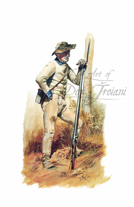 Gaskin’s Virginia Battalion. Painting of a soldier holding a rifle in a natural setting.