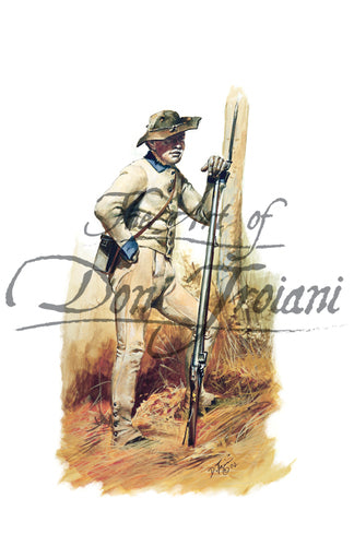 Don Troiani wall art print Gaskin's Virginia Battalion. Soldier is wearing white uniform resting on musket.