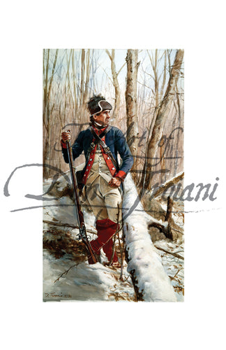 Don Troiani wall art print 2nd Pennsylvania Black Irishman. Soldier is posing in a forest with snow on the ground.