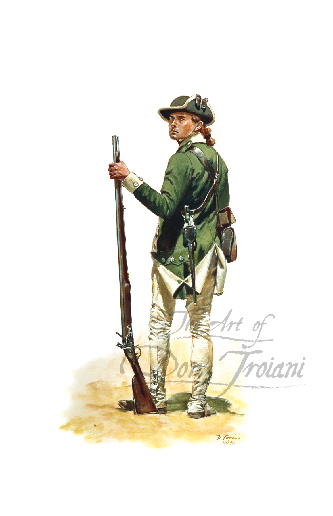 Loyalist Private. Illustration of a colonial soldier holding a rifle on a white background