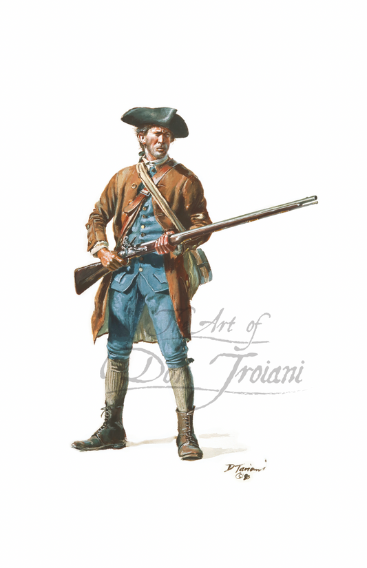 Massachusetts Minute Man. Painting of a colonial soldier holding a rifle on a white background.