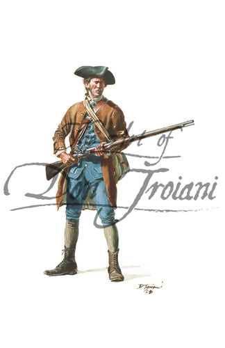 Wall art print of Massachusetts Minute Man. Soldier is wearing blue uniform with brown jacket. Holding a musket.