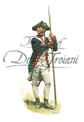 Don Troiani wall art print Maryland Continental Infantry Officer. Soldier is posing with a spontoon. He is wearing a white uniform and a blue jacket.