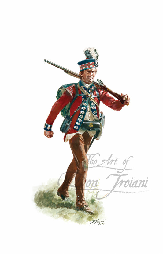 42nd Regiment Of Foot. Artistic depiction of a soldier in colonial American uniform with a rifle.