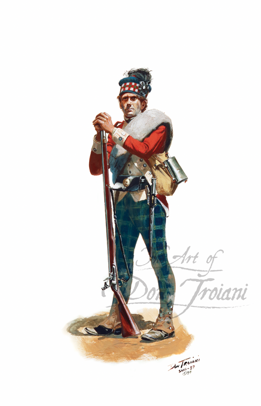 Illustration of a Revolutionary War soldier holding a rifle on a white background