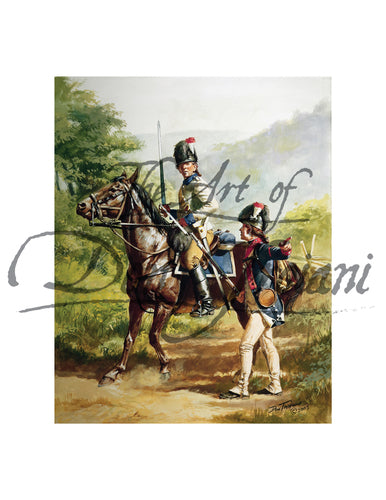 Don Troiani wall art print 2nd Continental Light Dragoon Legion. Soldier on horse back with another soldier on foot.