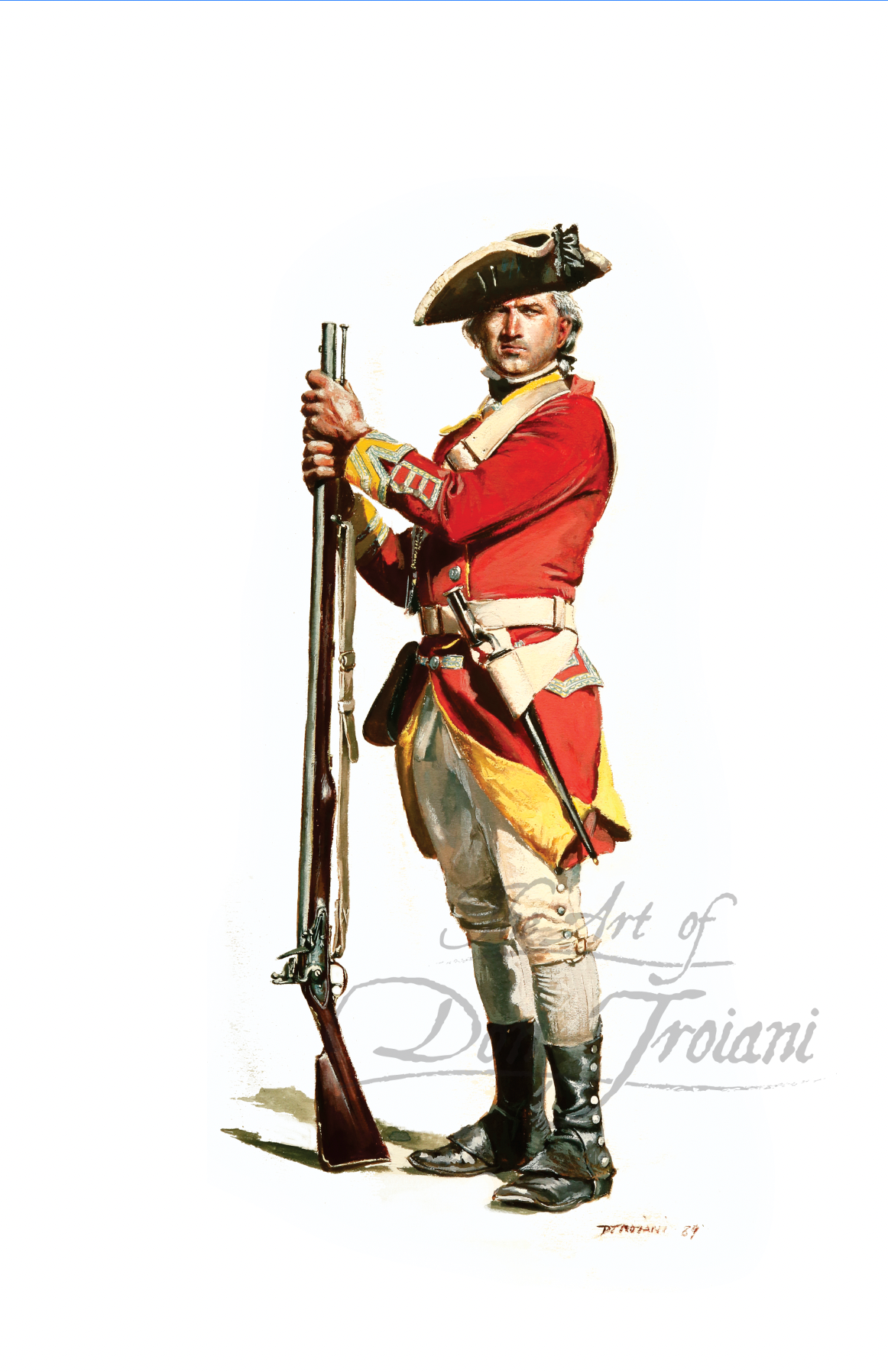 29th Regiment Of Foot. Painting of a soldier in colonial uniform holding a rifle on a white background