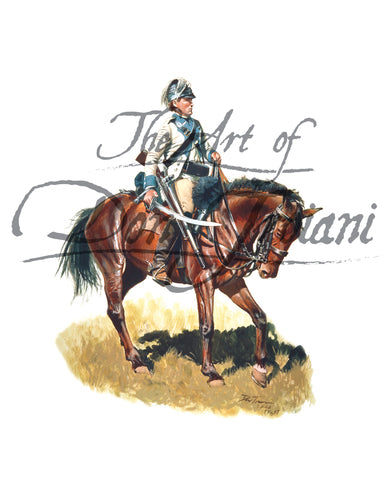 Don Troiani wall art print 3rd Continental Light Dragoons, Captain Lewis' Troop. Soldier wearing white uniform while ridding a brown horse.