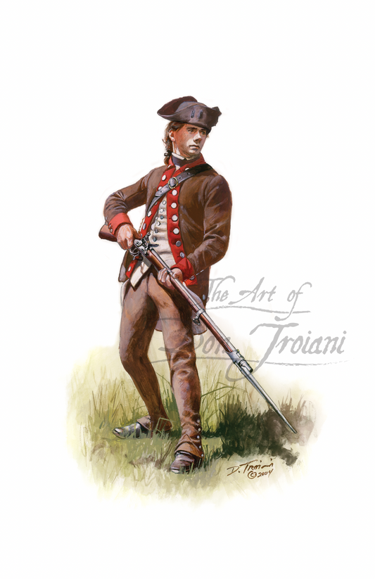 Maryland Extra Regiment. Painting of a colonial soldier holding a rifle on a white background