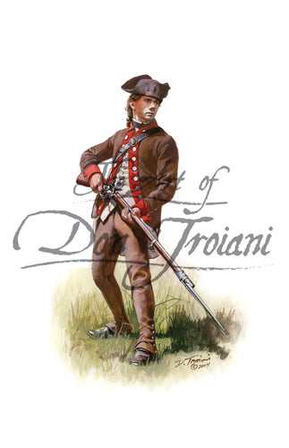 Wall art print of Maryland Extra Regiment. Soldier is wearing brown uniform holding musket with bayonet.