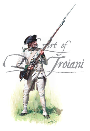 Wall art print of French Saintonge Regiment. Soldier is wearing white uniform and holding musket with bayonet.