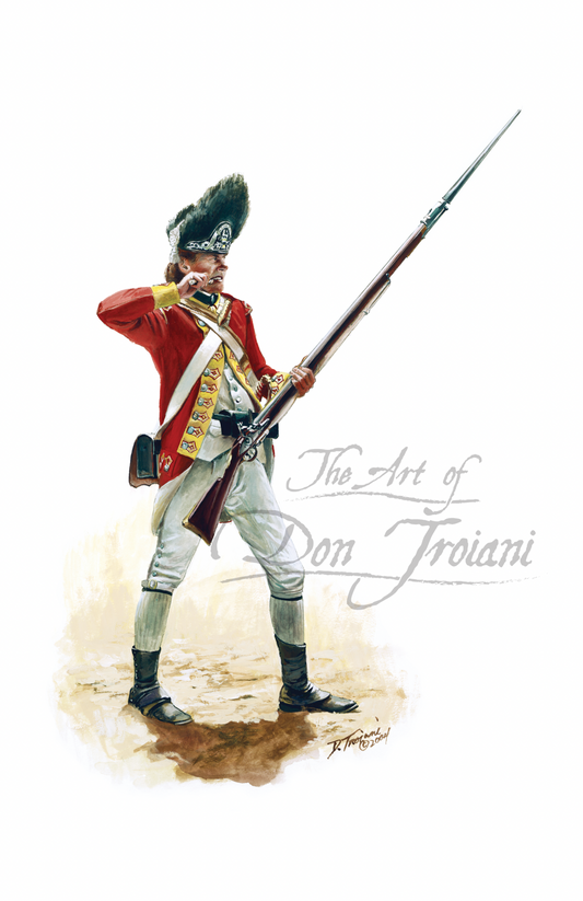 Artistic depiction of a soldier in historical uniform holding a rifle, with 'The Art of Don Troiani' branding.