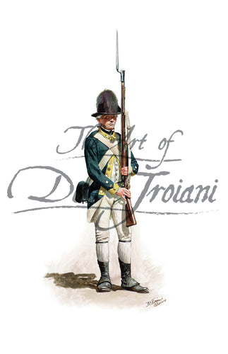 Don Troiani wall art print of General Washington's Life Guard. Soldier wearing blue jacket holding rifle and bayonet.