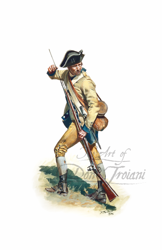 3rd New Jersey Regiment. Painting of a Revolutionary War soldier holding a rifle on a white background