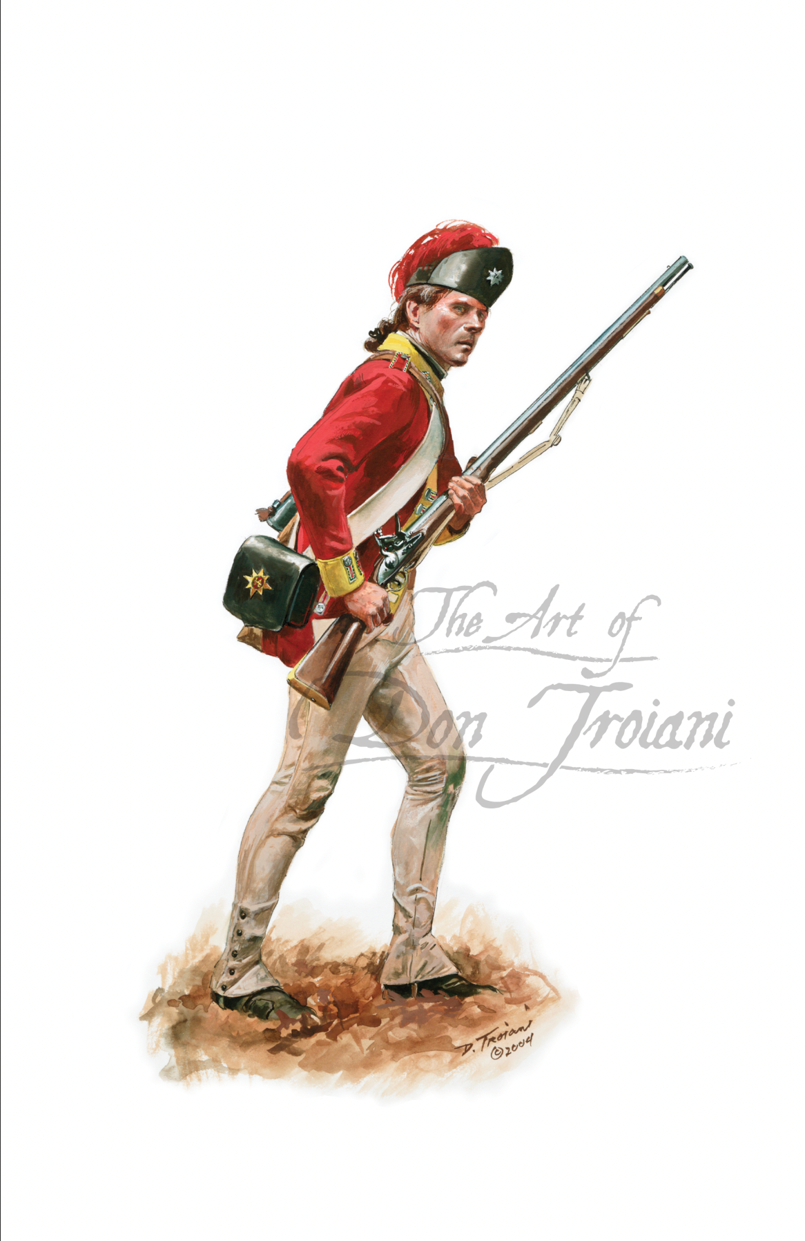 British Private of the 34th Regiment of Foot. Artistic depiction of a soldier in historical military uniform with a rifle, signed 'The Art of Don Troiani'.