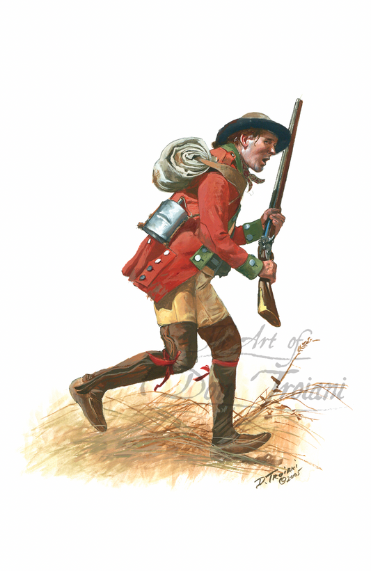 Loyalist Infantry. Illustration of a hunter in traditional attire with a rifle on a white background